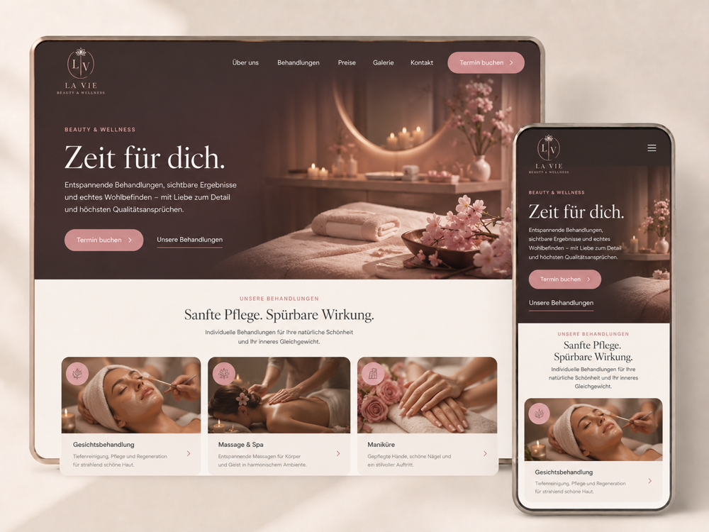 Beispiel einer Beauty- und Wellness-Website, gestaltet mit Seitwerk – dargestellt auf Tablet und Smartphone