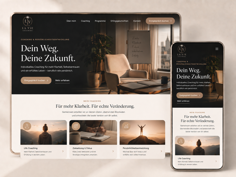 Beispiel einer Coaching-Website, gestaltet mit Seitwerk – dargestellt auf Tablet und Smartphone