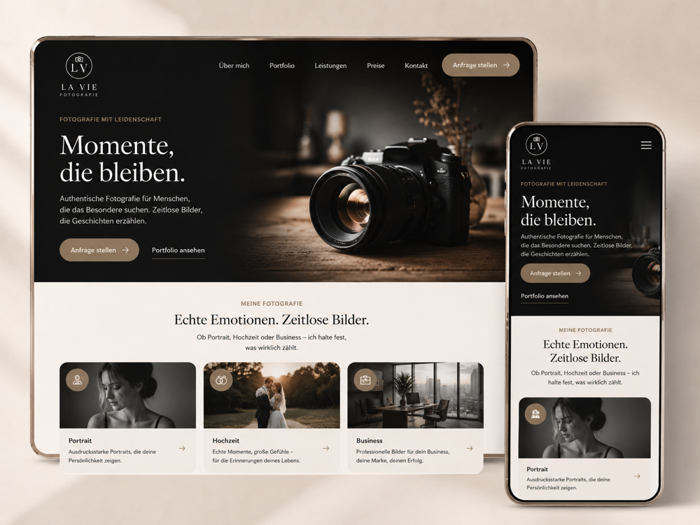 Beispiel einer Fotografie-Website, gestaltet mit Seitwerk – dargestellt auf Tablet und Smartphone