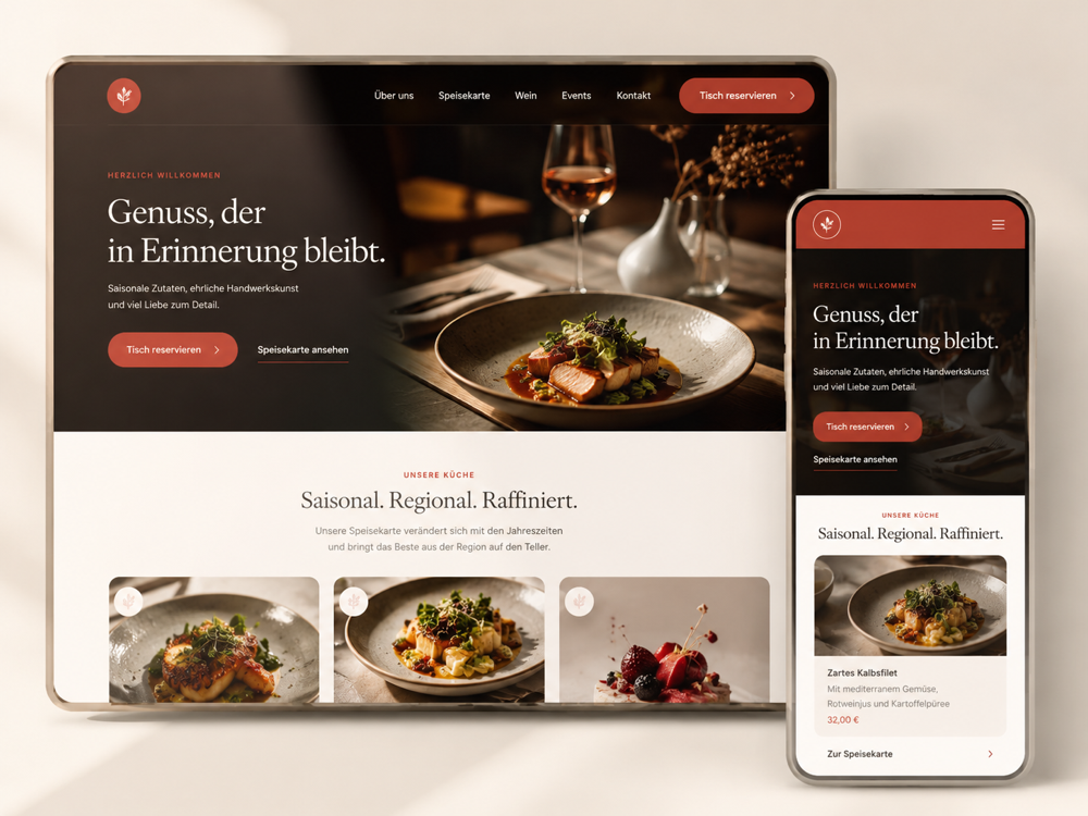 Beispiel einer Restaurant-Website, gestaltet mit Seitwerk – dargestellt auf Tablet und Smartphone