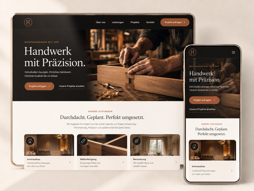Beispiel einer Handwerks-Website, gestaltet mit Seitwerk – dargestellt auf Tablet und Smartphone